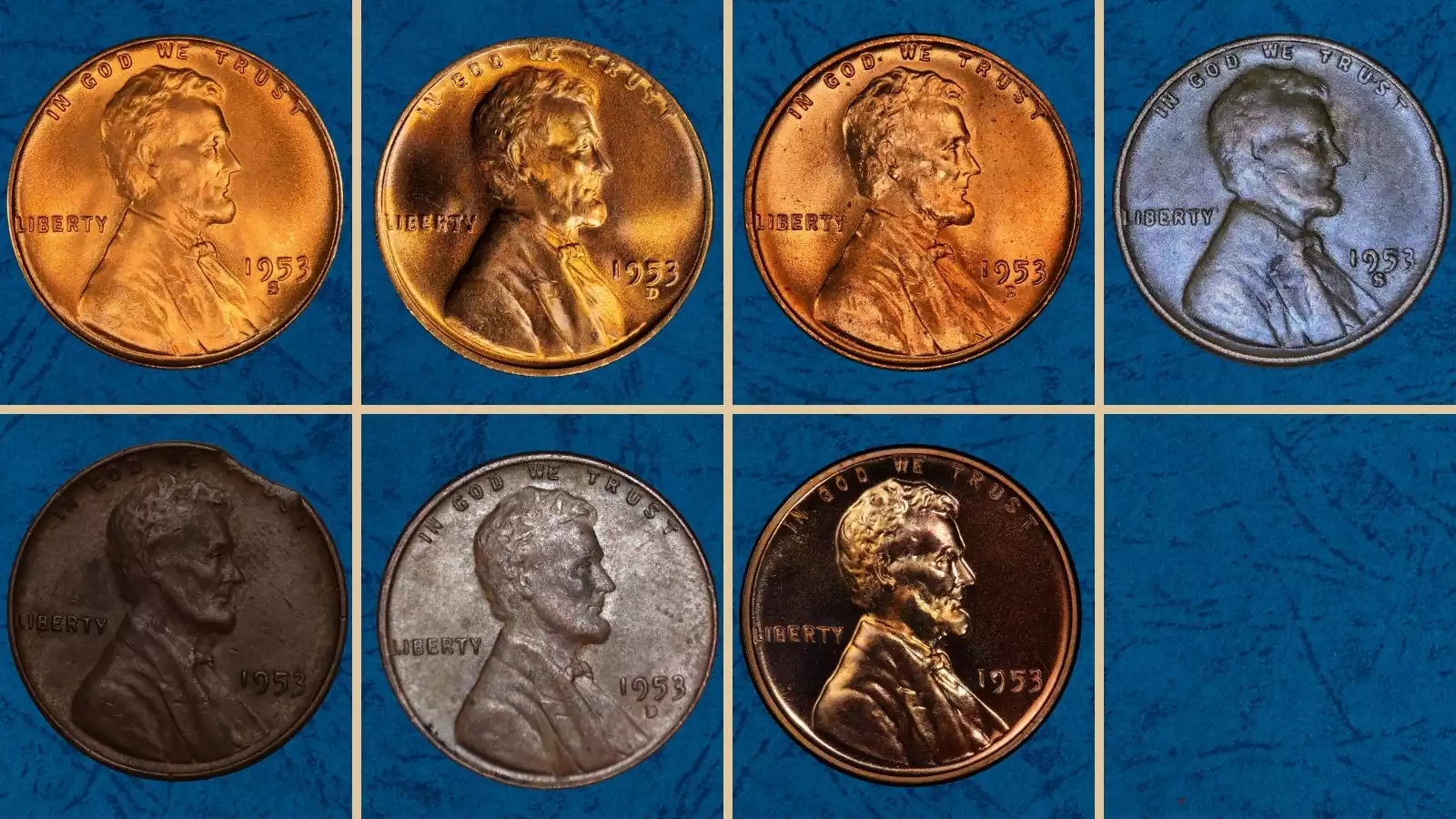 1953 wheat penny grading strip showing four specimens from worn Good grade to gem Mint State Red condition