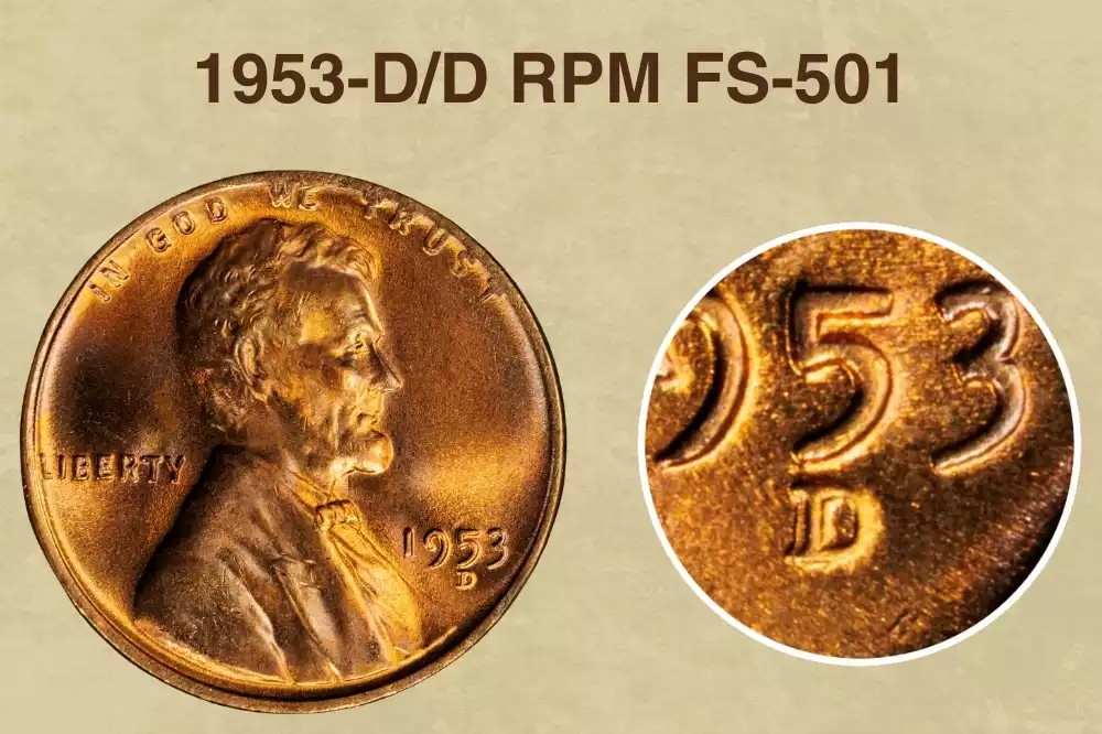 1953-D/D RPM FS-501 comparison: common single D mint mark vs doubled D with secondary impression to the north