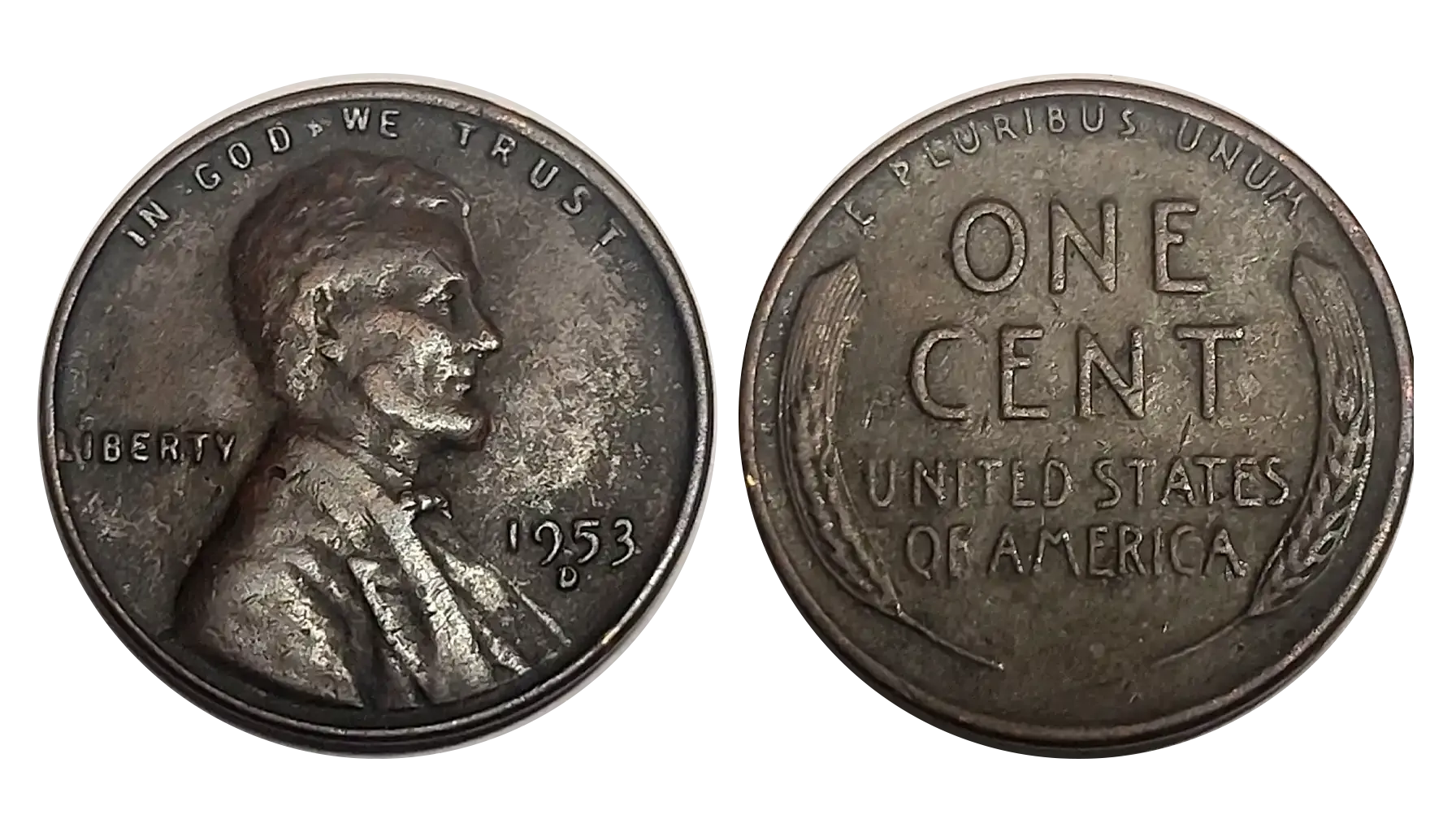 1953 wheat penny struck on silver dime planchet compared to standard bronze cent showing size and color difference