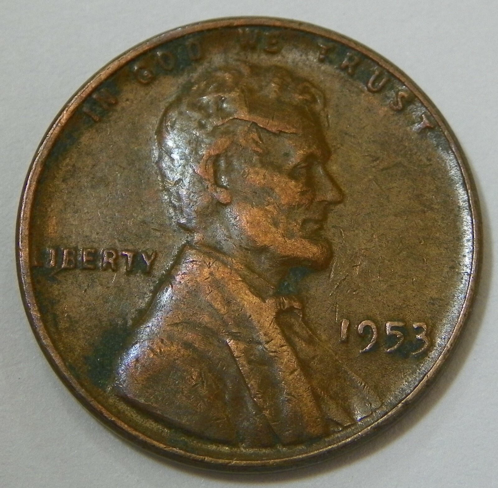 1953 wheat penny BIE error showing raised vertical die crack between B and E in LIBERTY inscription