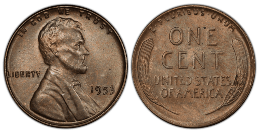1953 Lincoln Wheat Cent group showing specimens from Philadelphia, Denver, and San Francisco mints in varying grades